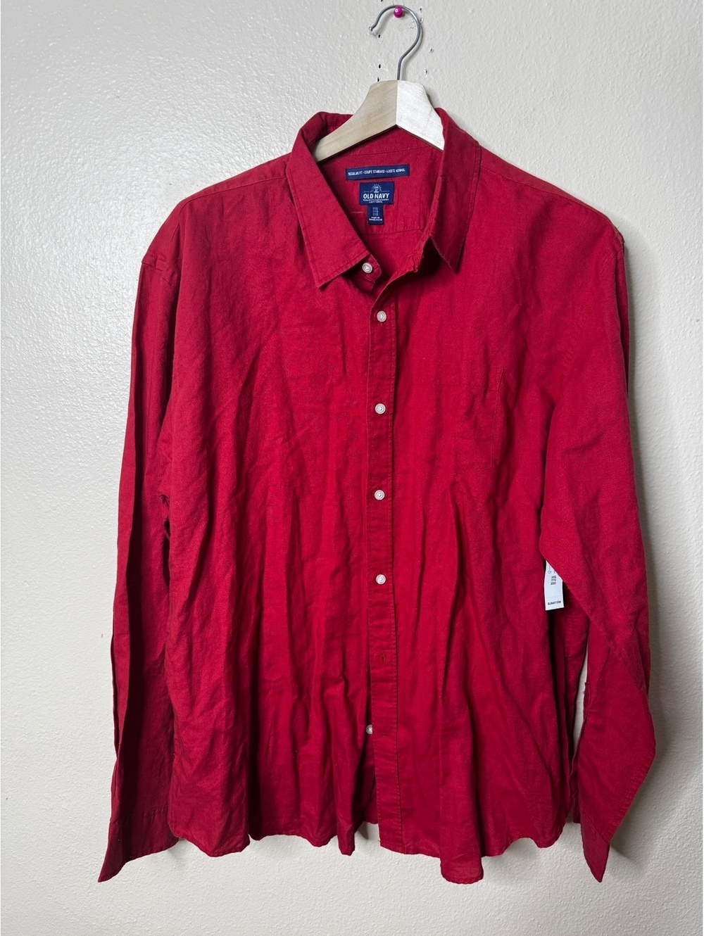 NWT Old Navy Shirt Men’s 3XL Red Linen Blend Long Sleeve Button Up Regular Fit